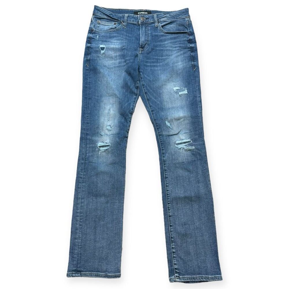 EXPRESS Men's Medium Blue Wash Hyper Stretch Slim Distressed Jeans Size 29x32